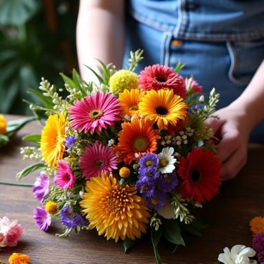 A florist carefully arranging a colorful custom bouquet.