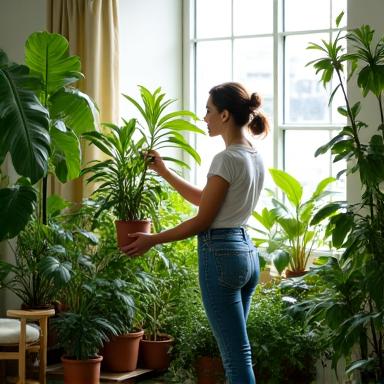 A person tending to a collection of healthy indoor plants.