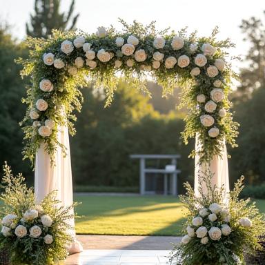 A stunning wedding arch adorned with white roses and greenery.
